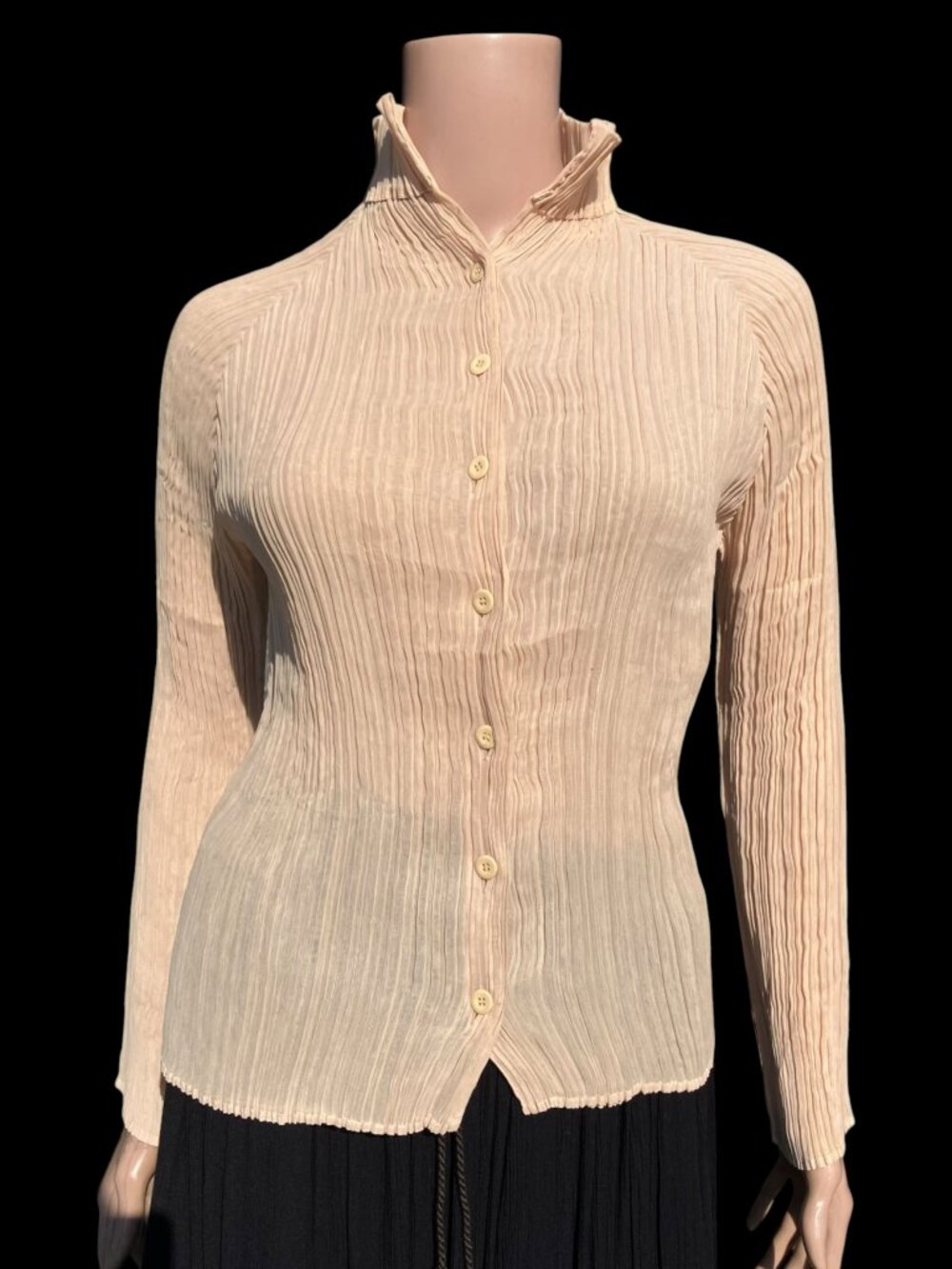 ISSEY MIYAKE White Label Tan Double Layered Pleated High Neck Button-Up Shirt 2